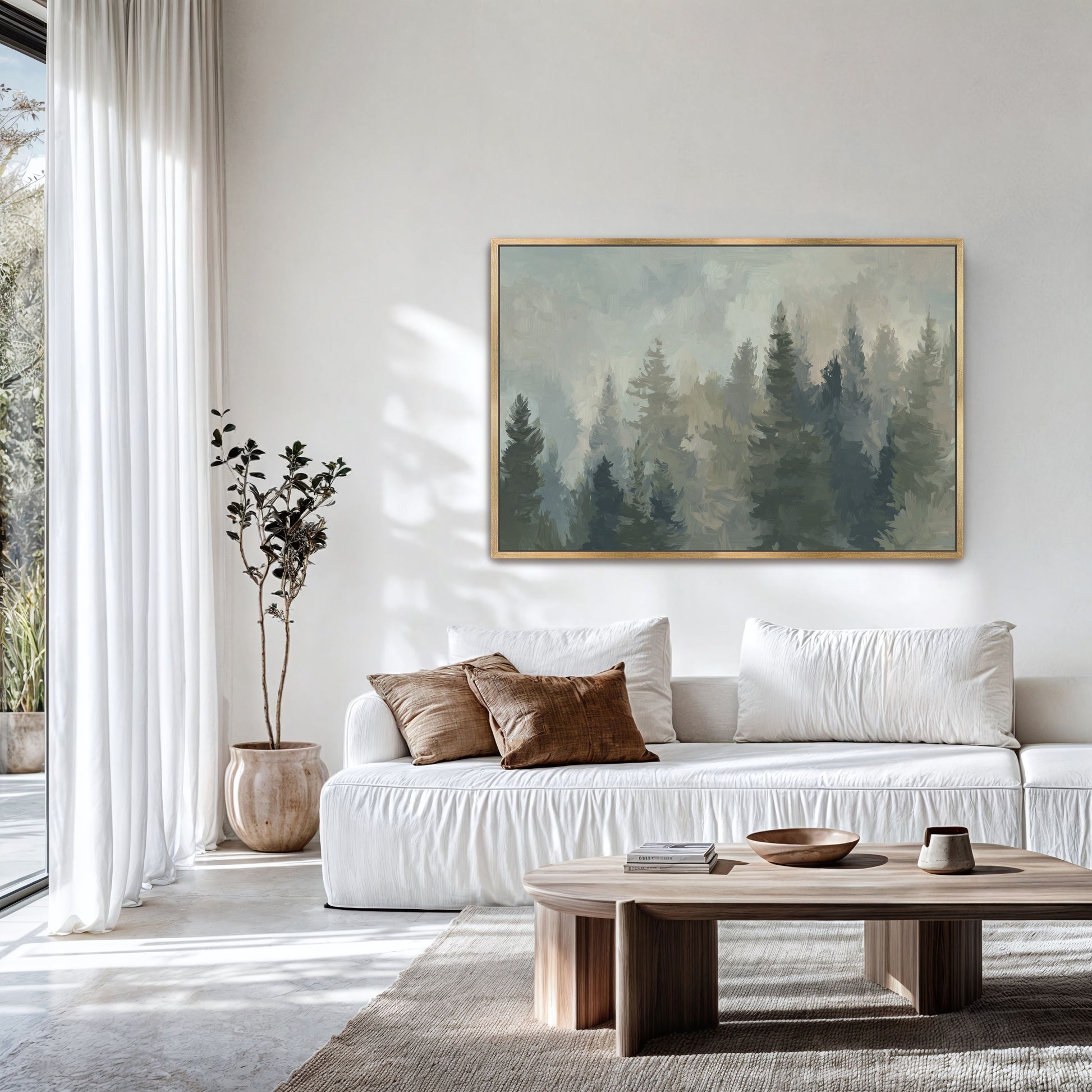 Ever Canvas Wall Art featuring misty forest scene in soft pine and sage tones in a modern living room setting