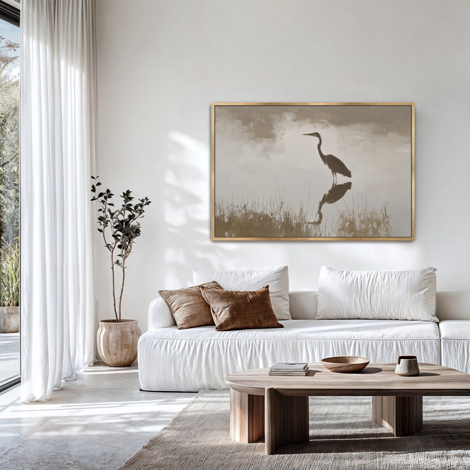Wade Canvas Print of a heron in serene water with muted earth tones in a modern living room
