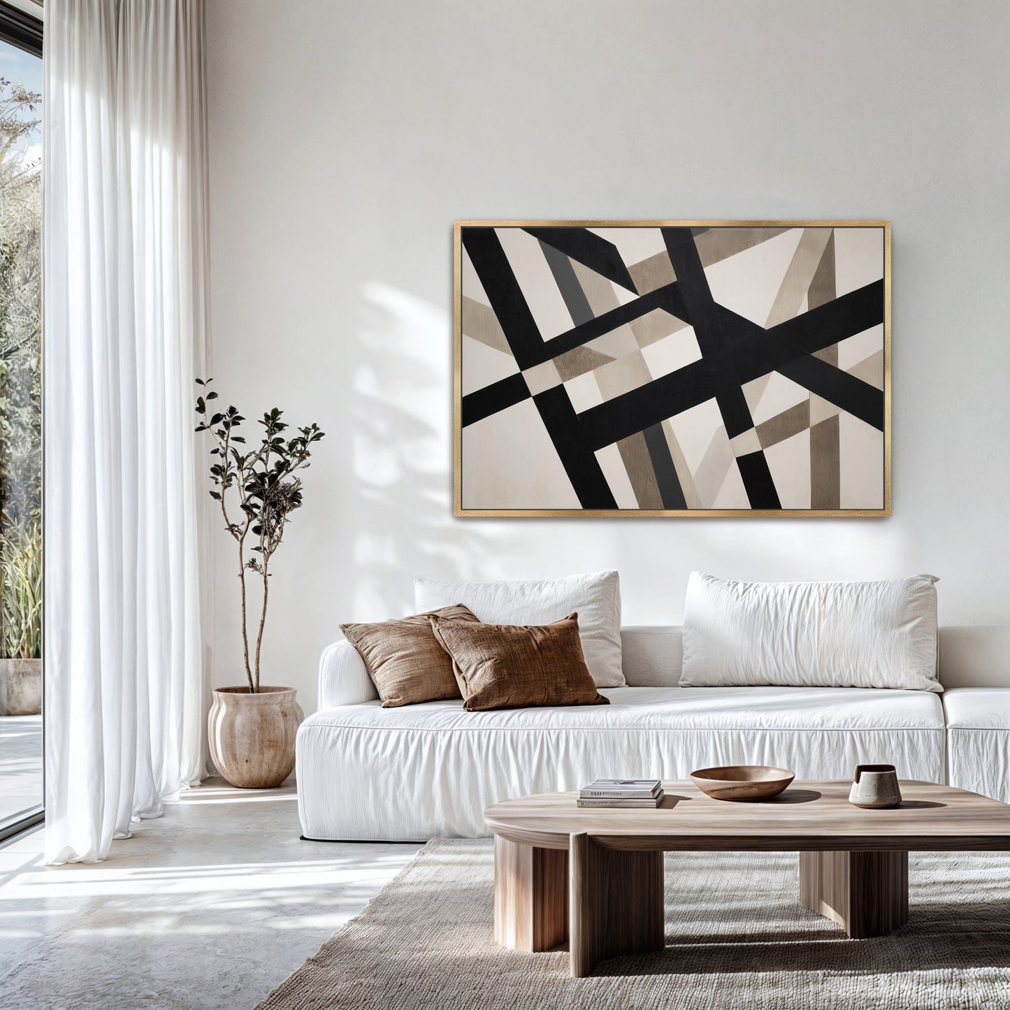 Axis Canvas Print with bold geometric lines in neutral tones hanging above a white sofa in a minimalist living room