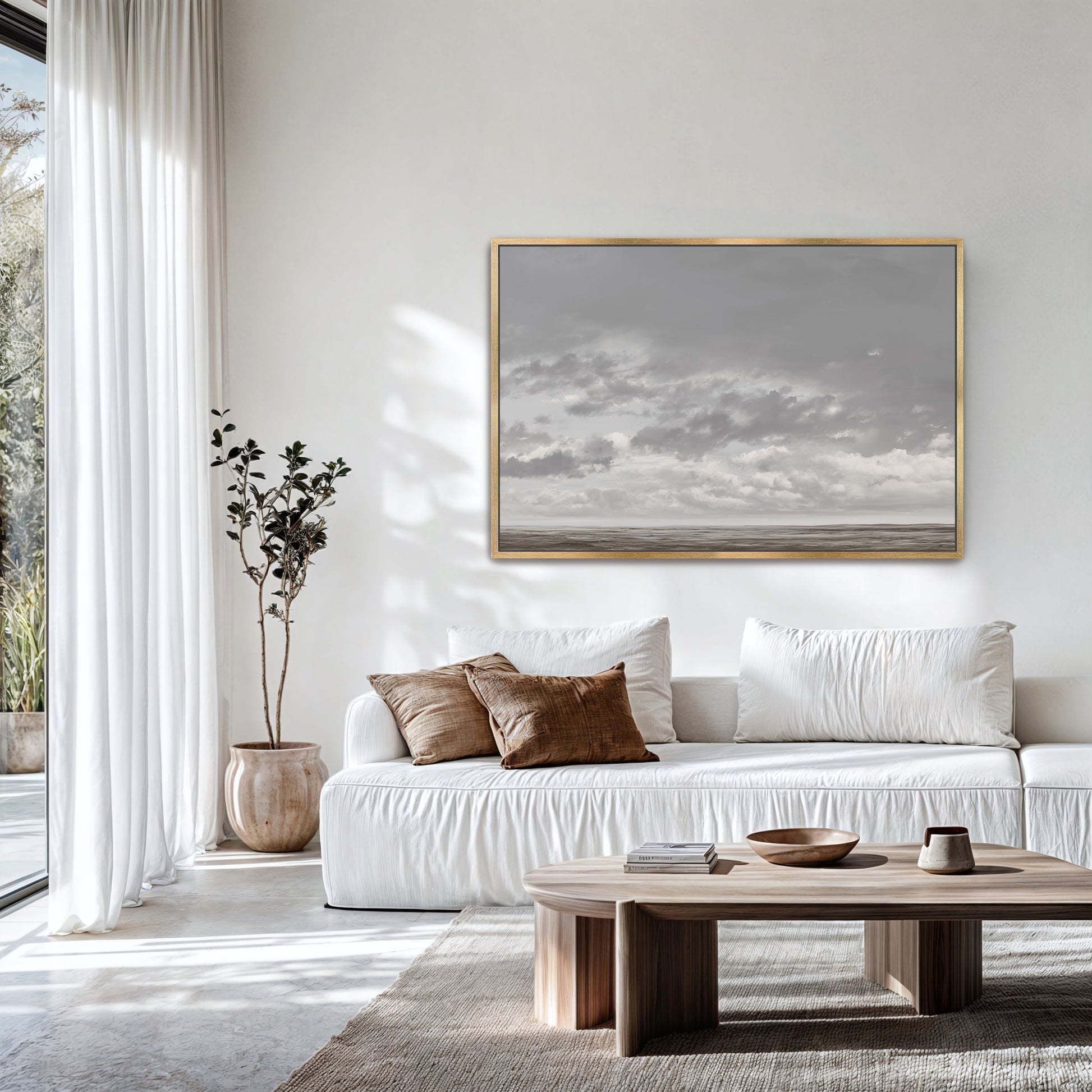 Duskfield Canvas Print with gray clouds over tranquil plain in modern living room setting