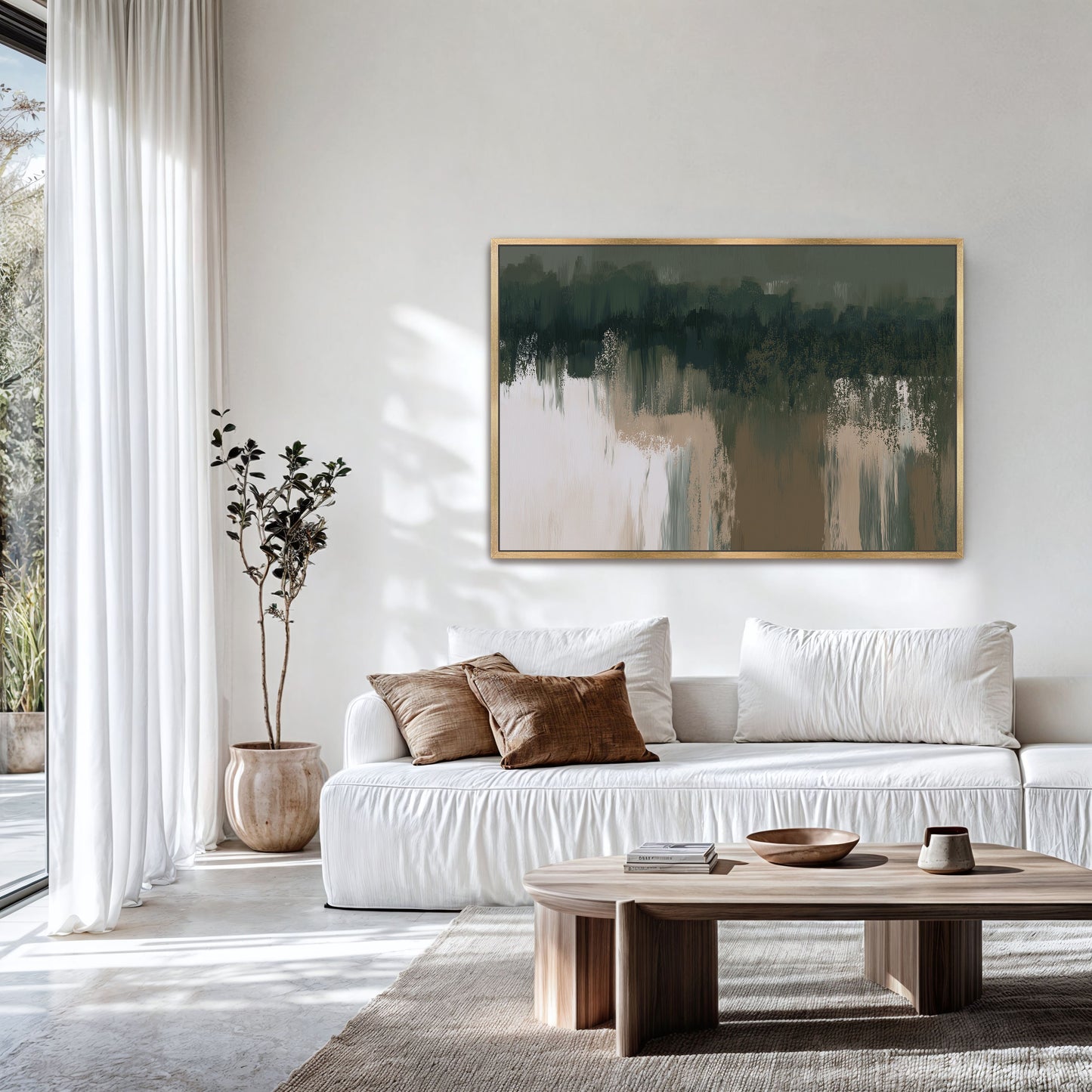 Forestline canvas print with deep forest greens and warm taupe abstract art in modern living room.