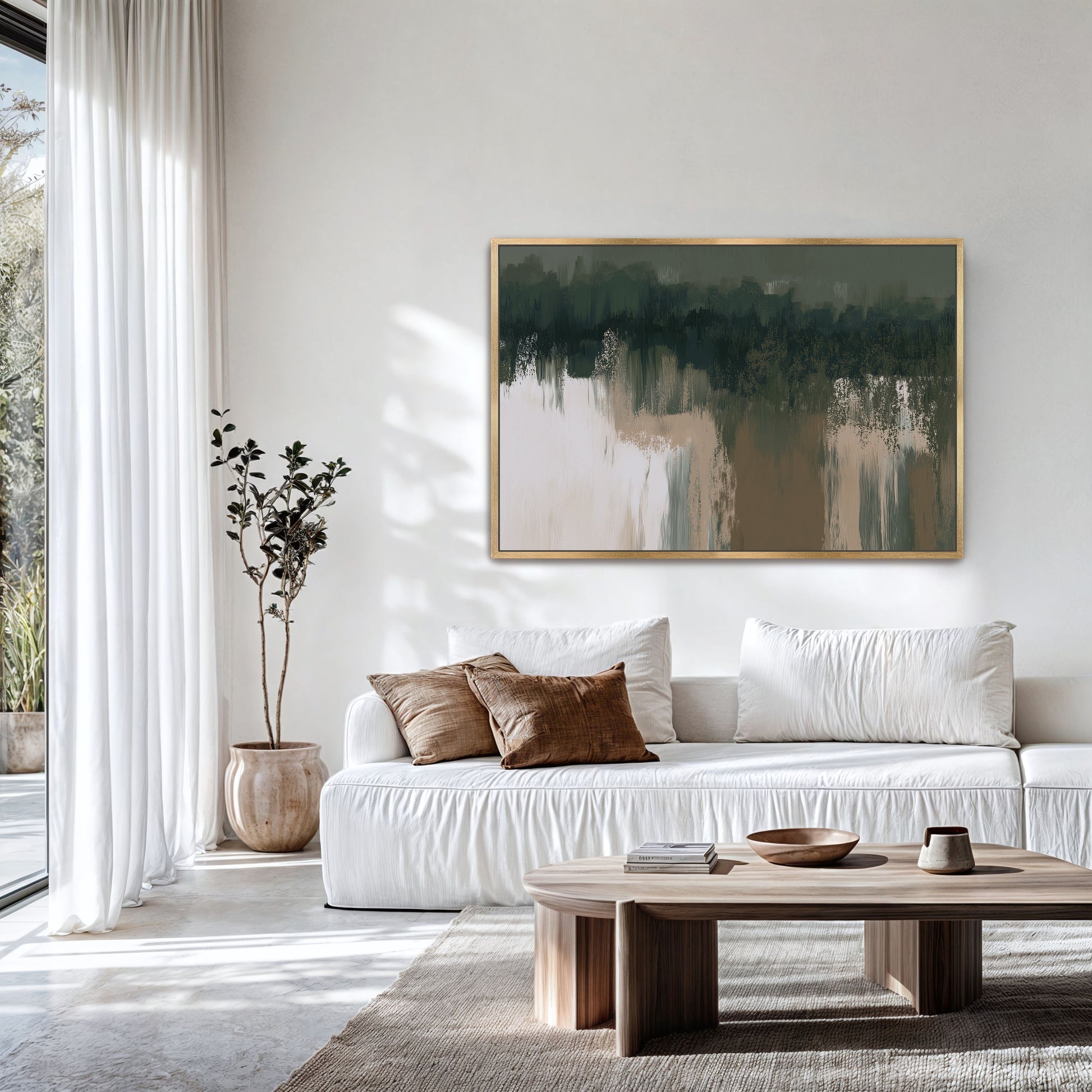 Forestline canvas print with deep forest greens and warm taupe abstract art in modern living room.
