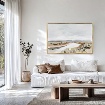 Mesa canvas print of serene desert landscape with flowing river in muted earth tones, framed and displayed in minimalist living room