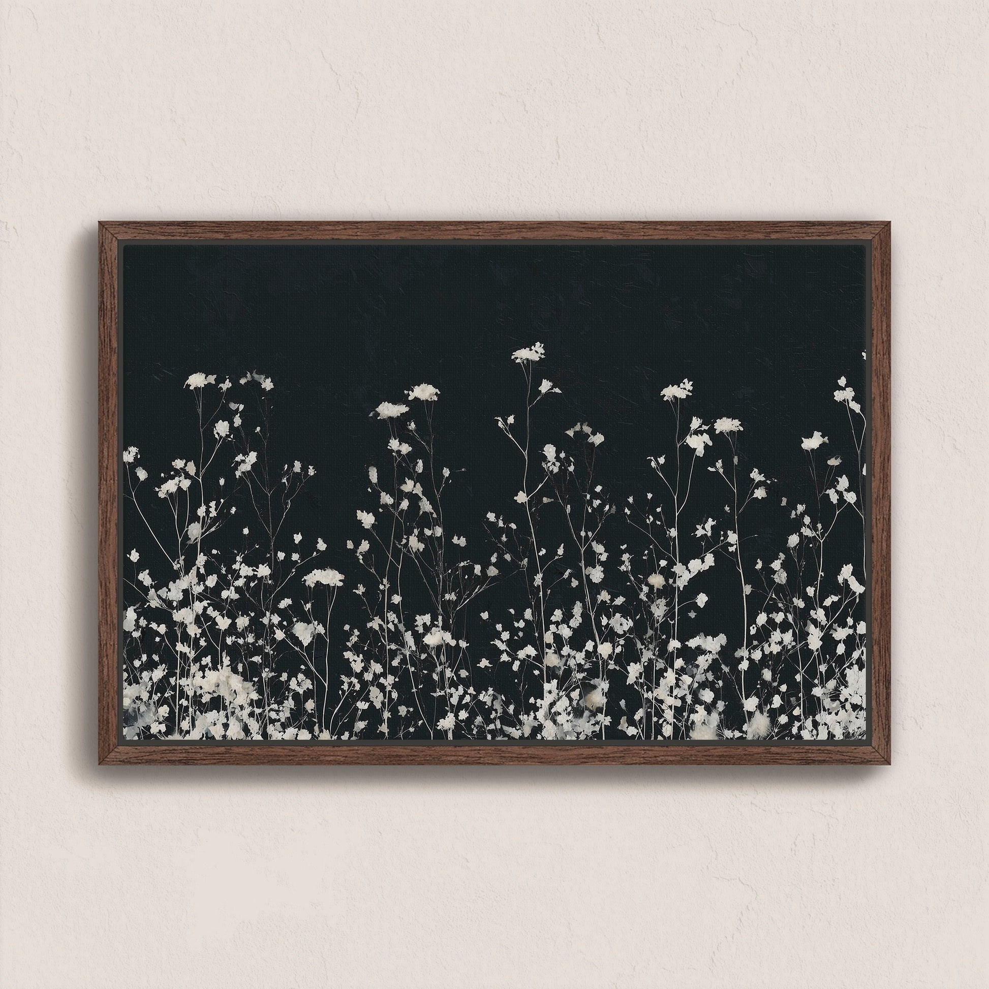 Noiré Canvas Wall Art featuring delicate white florals on deep charcoal background in a walnut wood frame