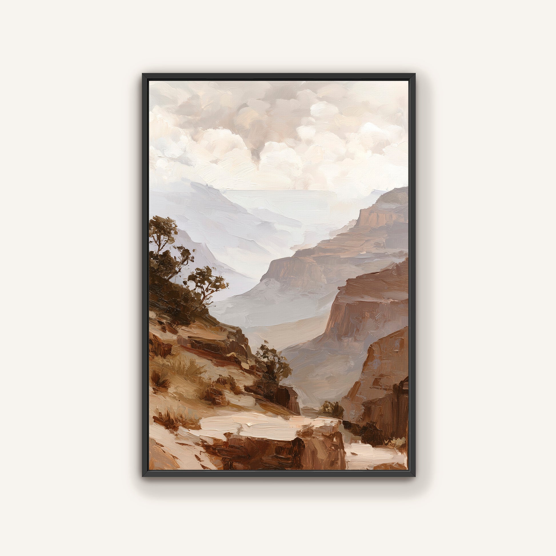The image is a framed painting depicting a mountainous landscape with a cloudy sky.