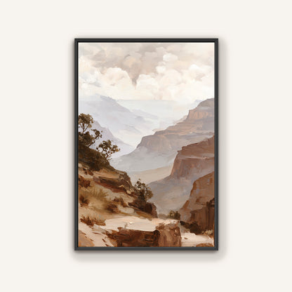 The image is a framed painting depicting a mountainous landscape with a cloudy sky.
