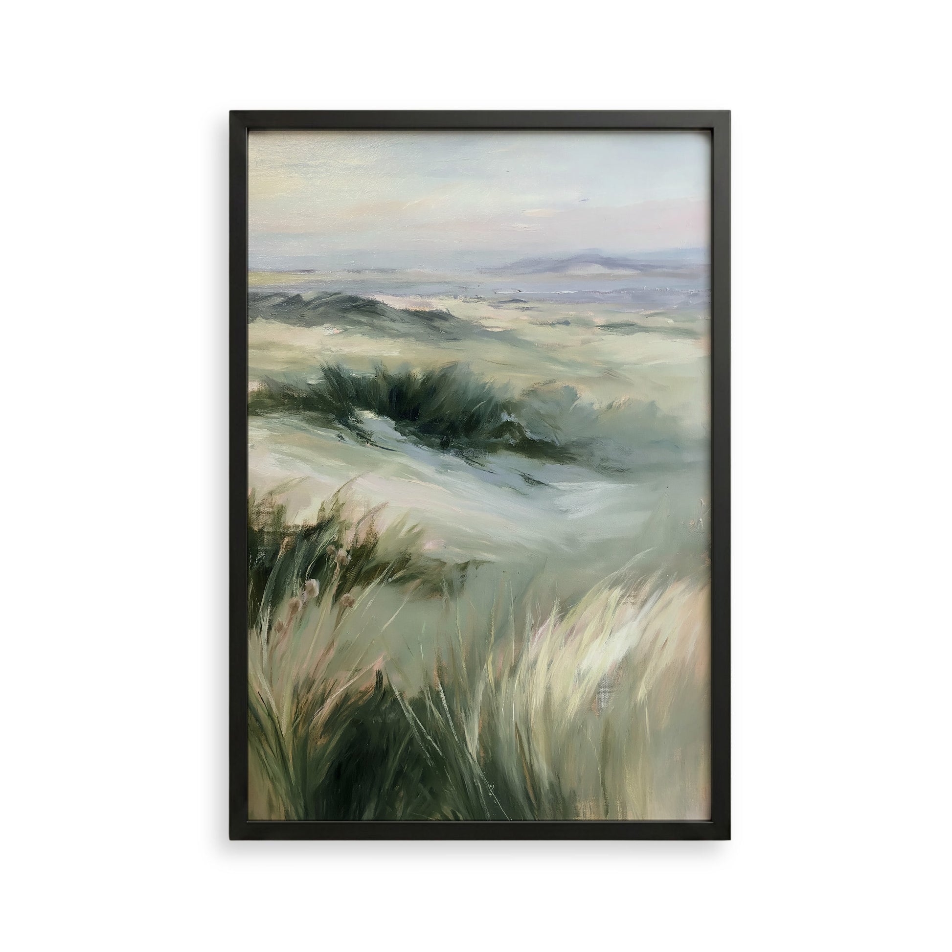 The image is a framed painting depicting a serene landscape with rolling hills, lush vegetation, and a hazy, dreamlike atmosphere.