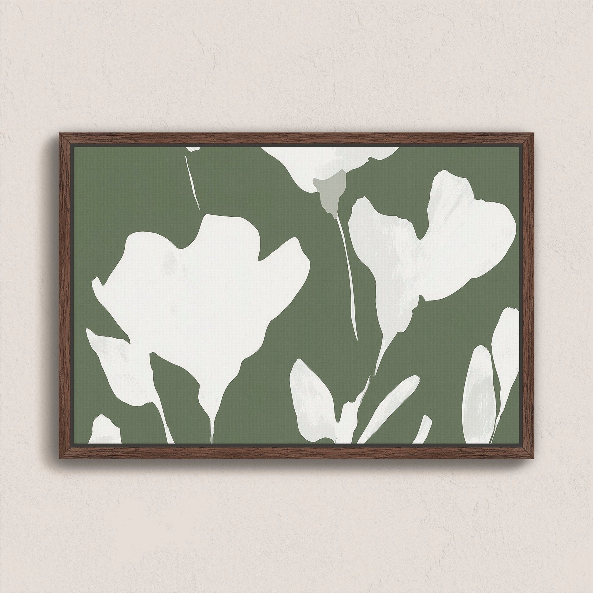 Verdal canvas print with ivory floral silhouettes on muted olive background in wooden frame