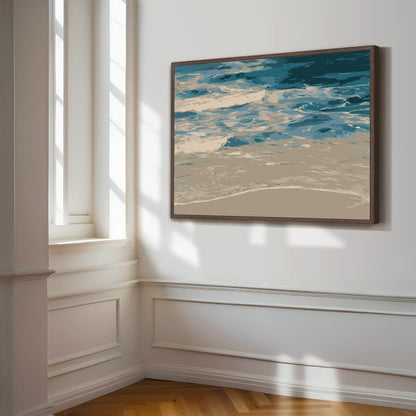 Marin Canvas Print of abstract shoreline in blues and neutrals, framed, hanging in bright minimalist room