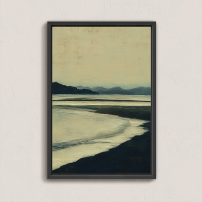 Echoes canvas print of serene shoreline at dusk with hazy blues and ochre tones in a black frame