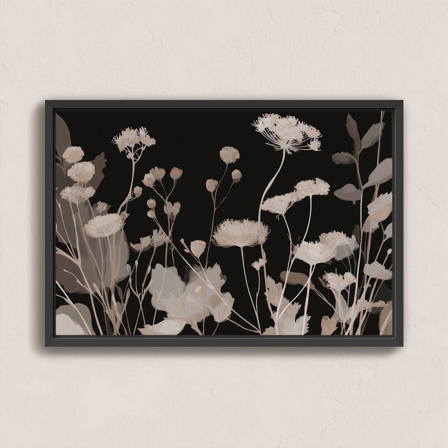 Shadow Bloom Canvas Art featuring neutral wildflowers on deep black background in a modern black frame