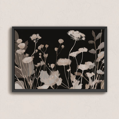 Shadow Bloom Canvas Art featuring neutral wildflowers on deep black background in a modern black frame