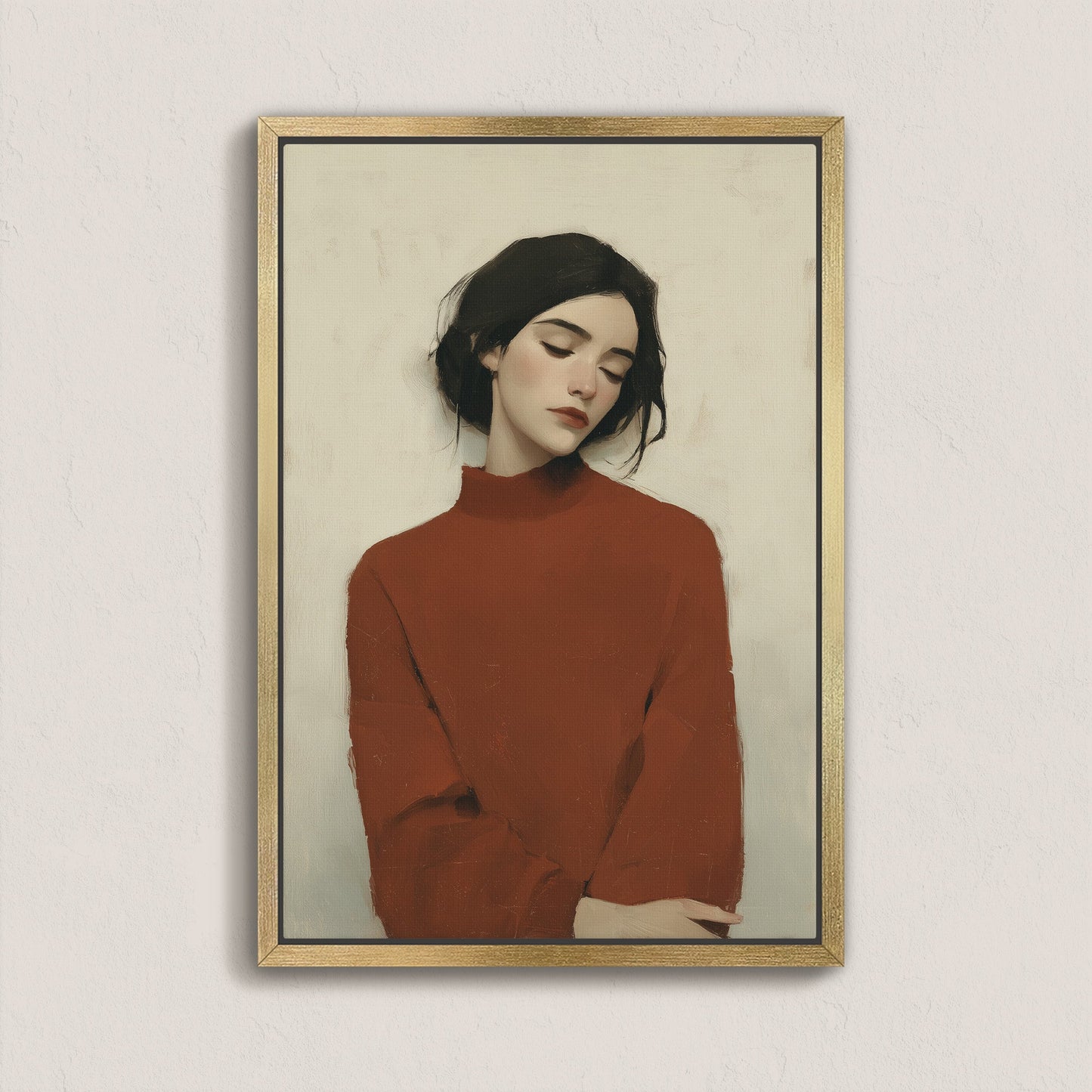 Madi canvas wall art portrait of woman in red sweater with muted tones in gold frame