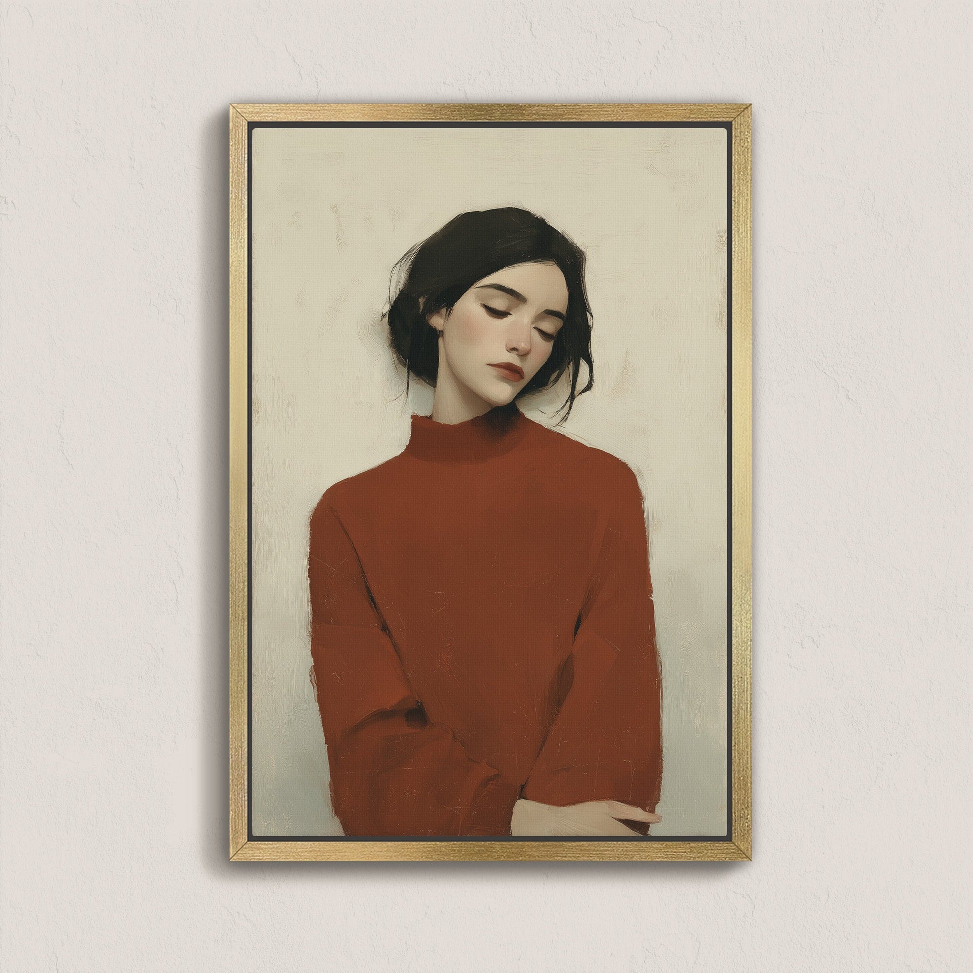 Madi canvas wall art portrait of woman in red sweater with muted tones in gold frame