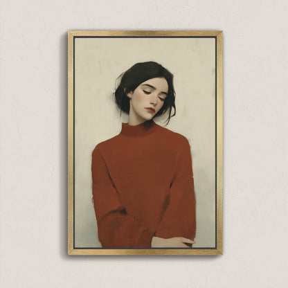 Madi canvas wall art portrait of woman in red sweater with muted tones in gold frame