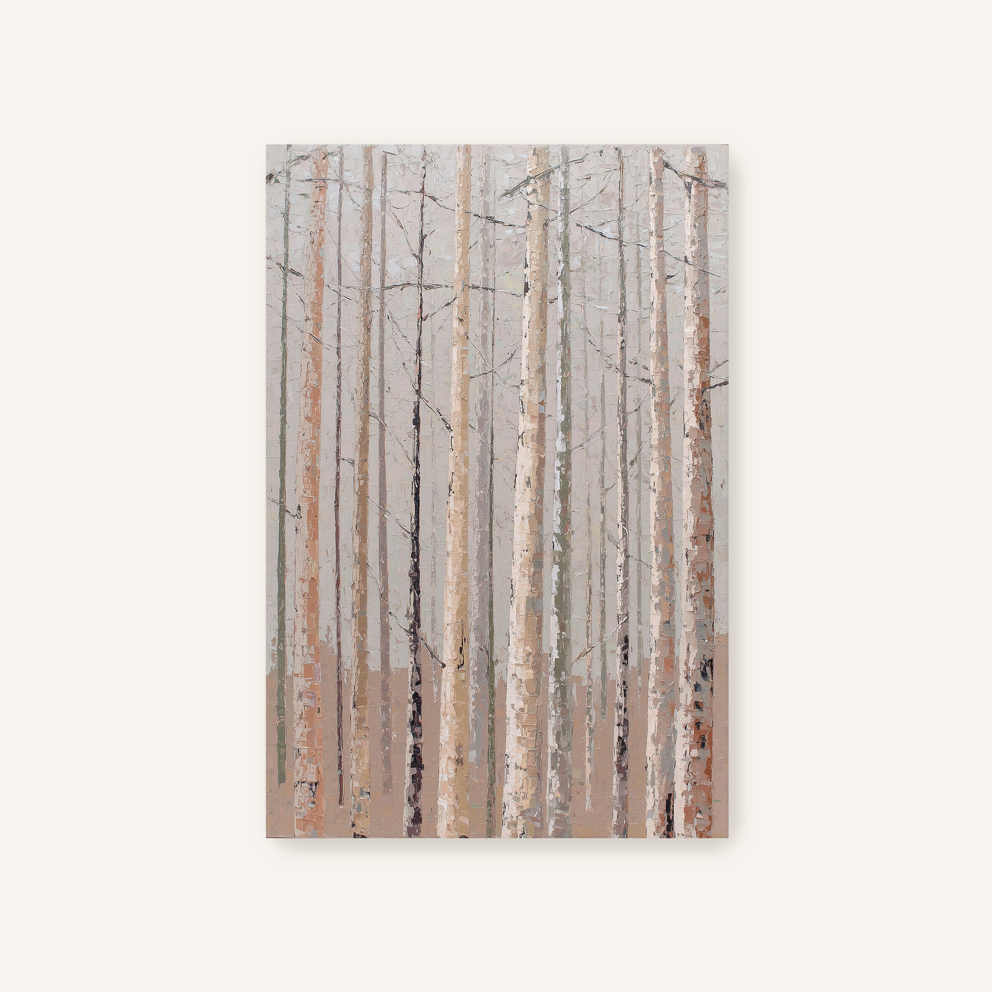 a forest of tall, thin trees with a light brown color, creating a serene and natural atmosphere.
