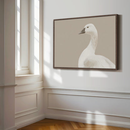 Grace Canvas Print featuring a delicate white bird in cream and beige tones, framed and hung in a minimalist room