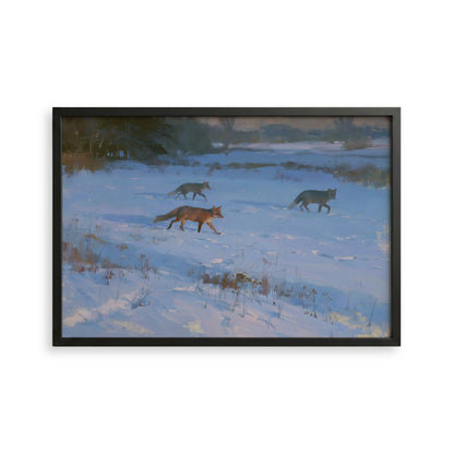 three foxes walking through a snowy field.