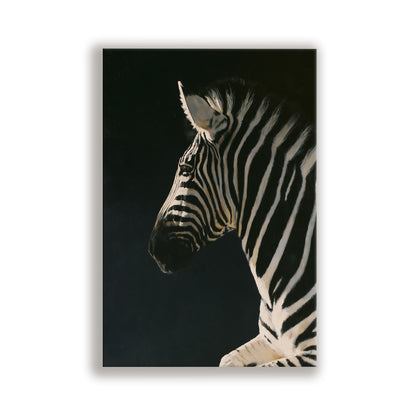 A close-up portrait of a zebra against a dark background, showcasing its distinctive black and white stripes.