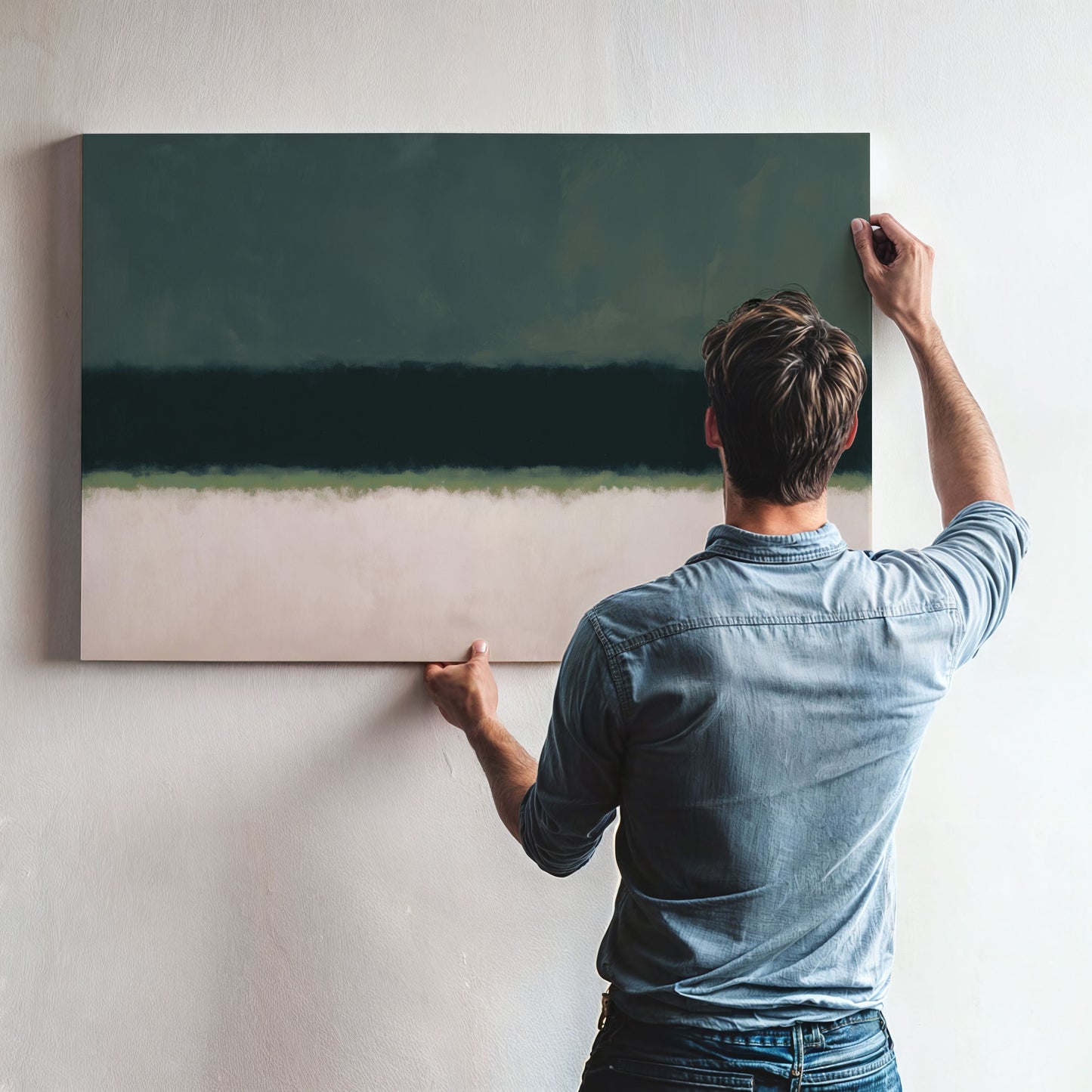 Man hanging Shade Canvas Print with olive and neutral tones on wall in modern minimal interior