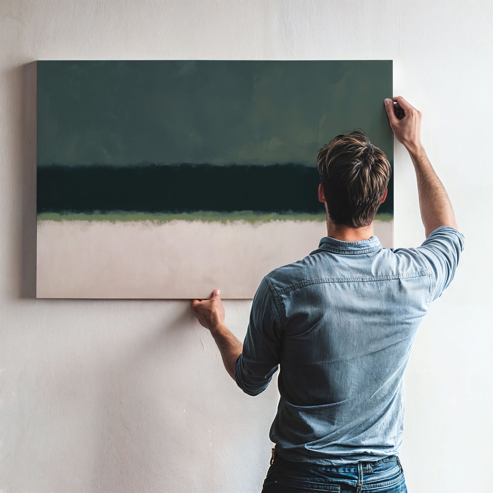 Man hanging Shade Canvas Print with olive and neutral tones on wall in modern minimal interior