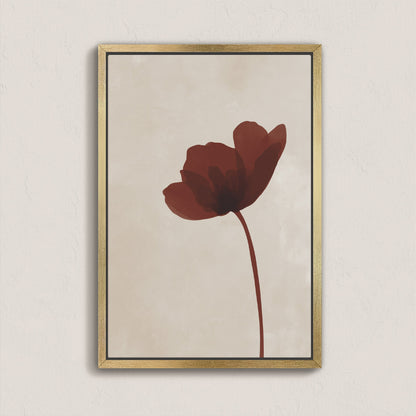 Minimalist burgundy flower Stem Canvas Print with warm neutral background in gold frame for modern decor
