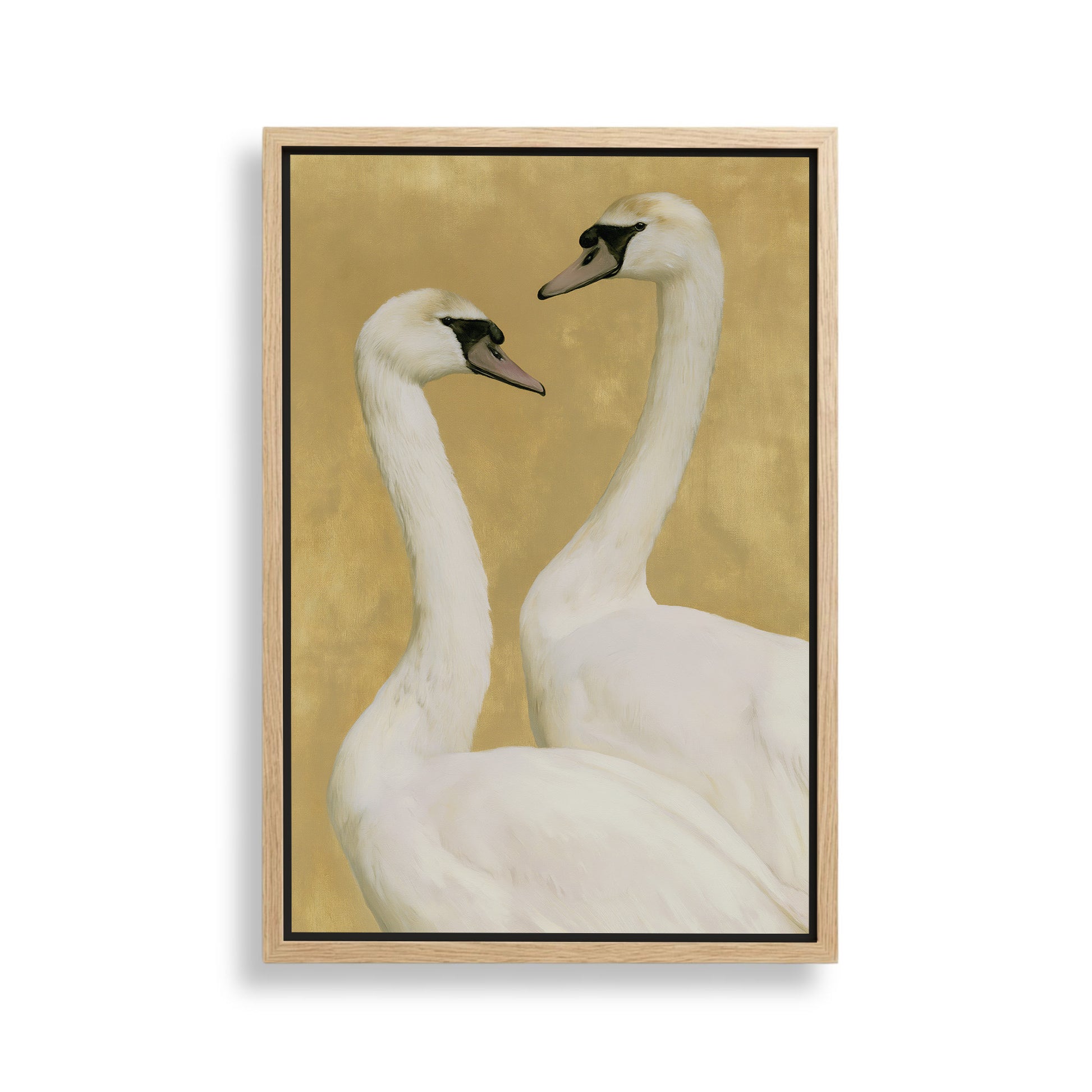 Two elegant white swans standing close together against a golden background.