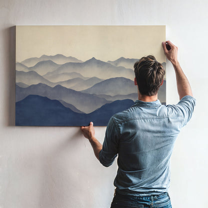 Man hanging 'Veil' canvas print featuring layered mountain silhouettes in indigo and beige tones on wall