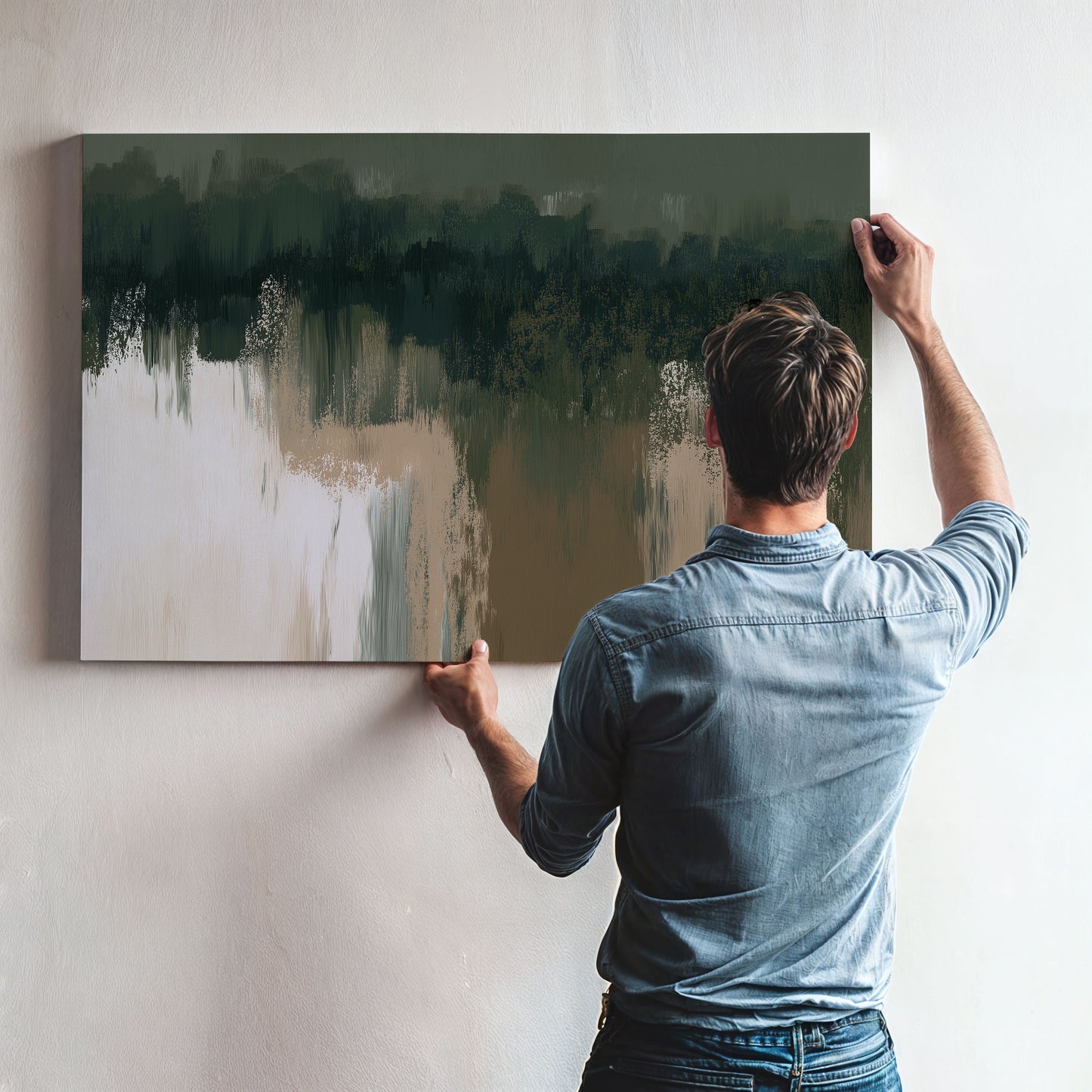 Man hanging Forestline Canvas Print with abstract green, taupe, and ivory brushwork on wall