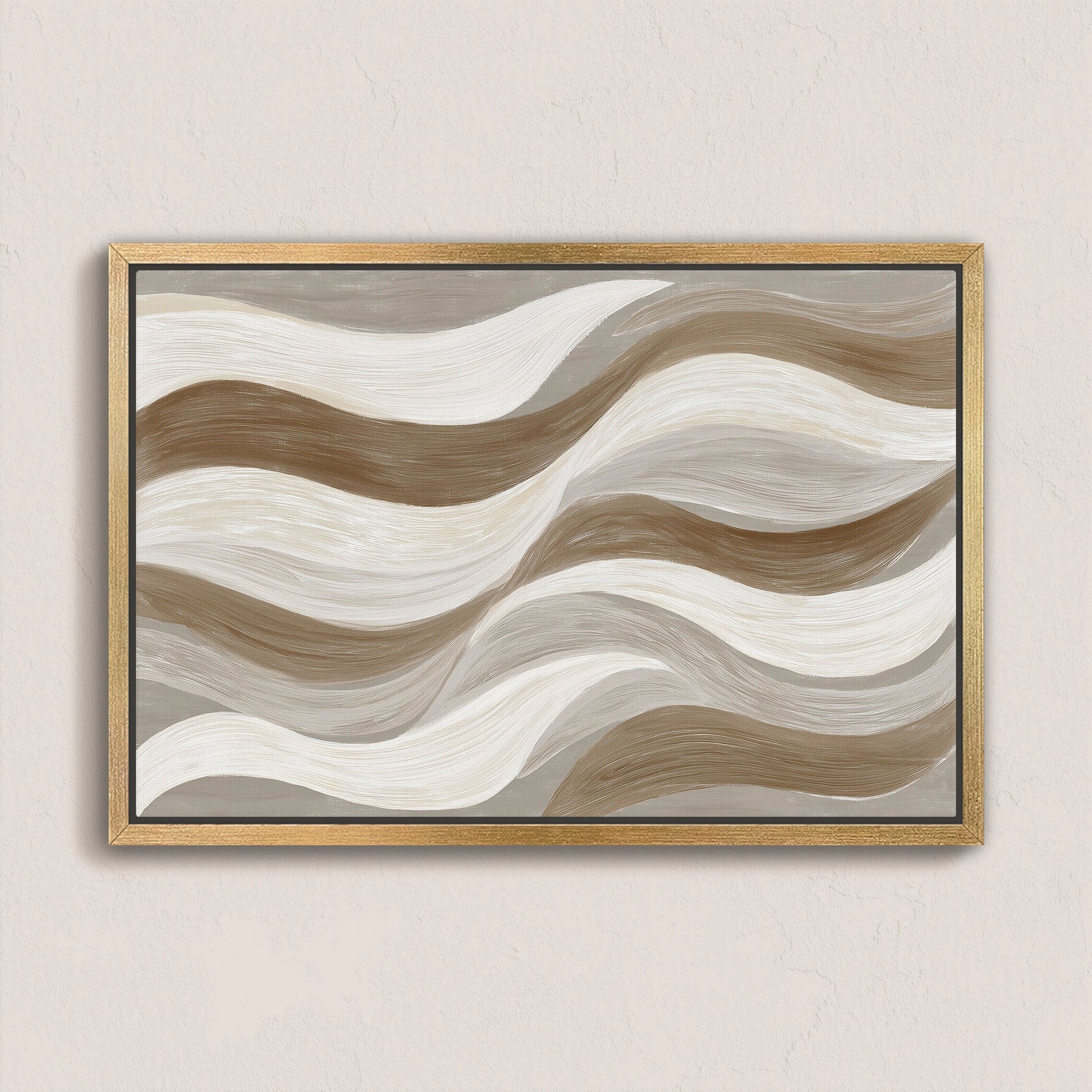 Abstract Flux Canvas Print with cream, taupe, and clay wavy brushstrokes in a gold frame, suitable for modern interiors.
