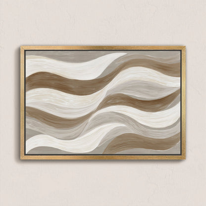 Abstract Flux Canvas Print with cream, taupe, and clay wavy brushstrokes in a gold frame, suitable for modern interiors.