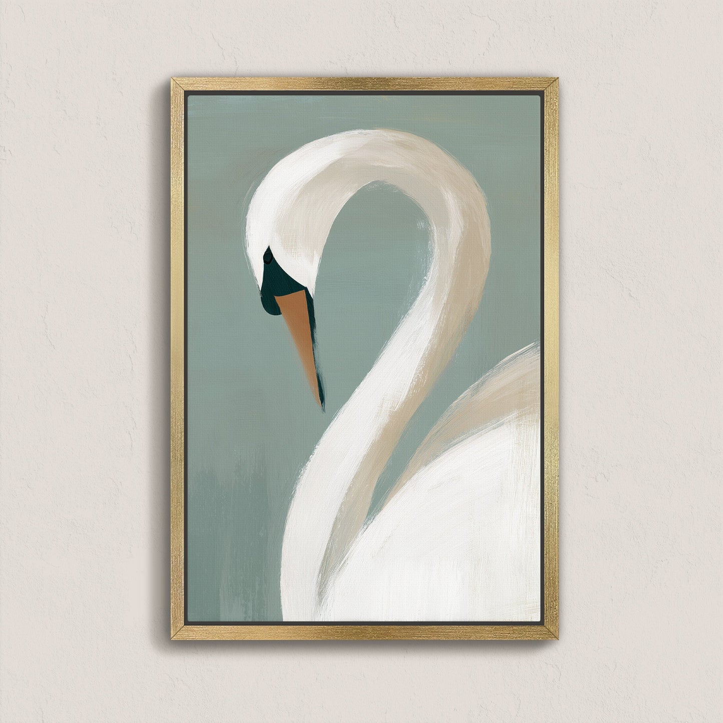 Plume Canvas Wall Art featuring a minimalist swan in soft ivory and muted teal with a natural wood frame for modern decor