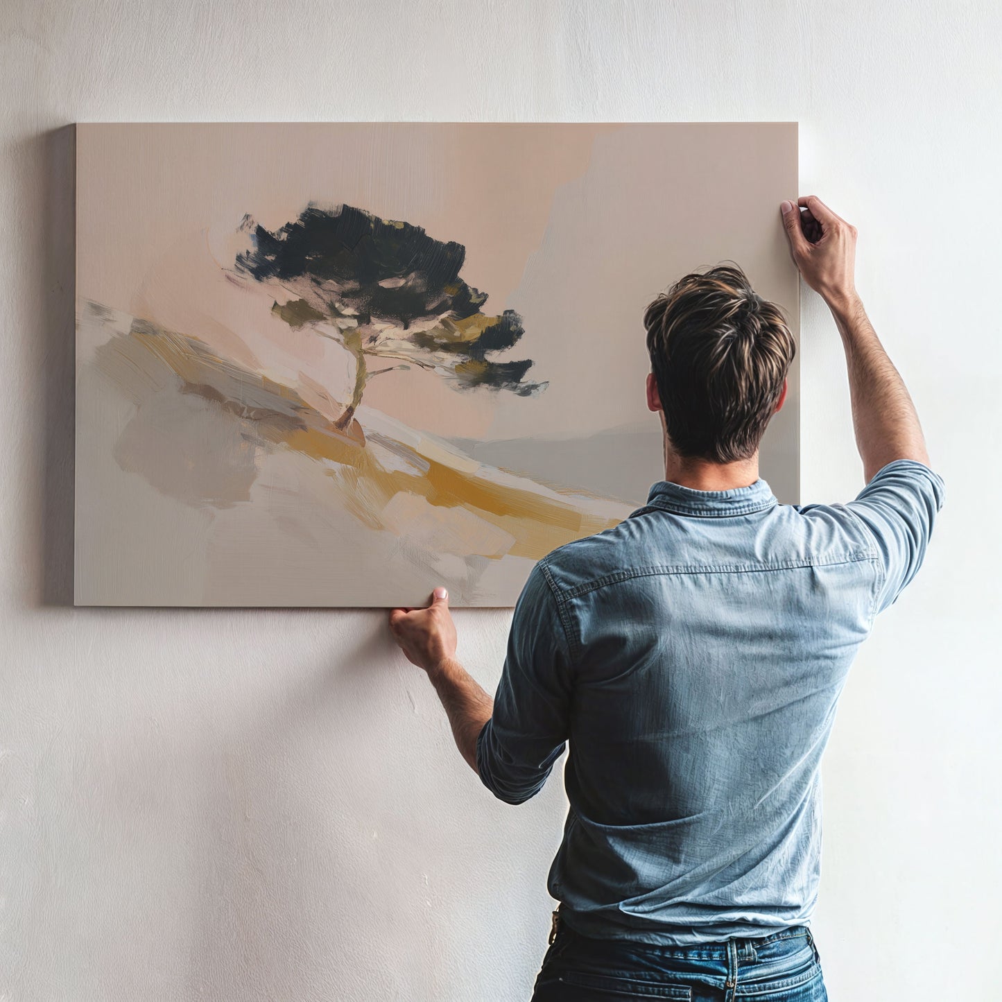 Man hanging Arbor canvas wall art featuring lone pine tree on sunlit hillside with warm neutral tones