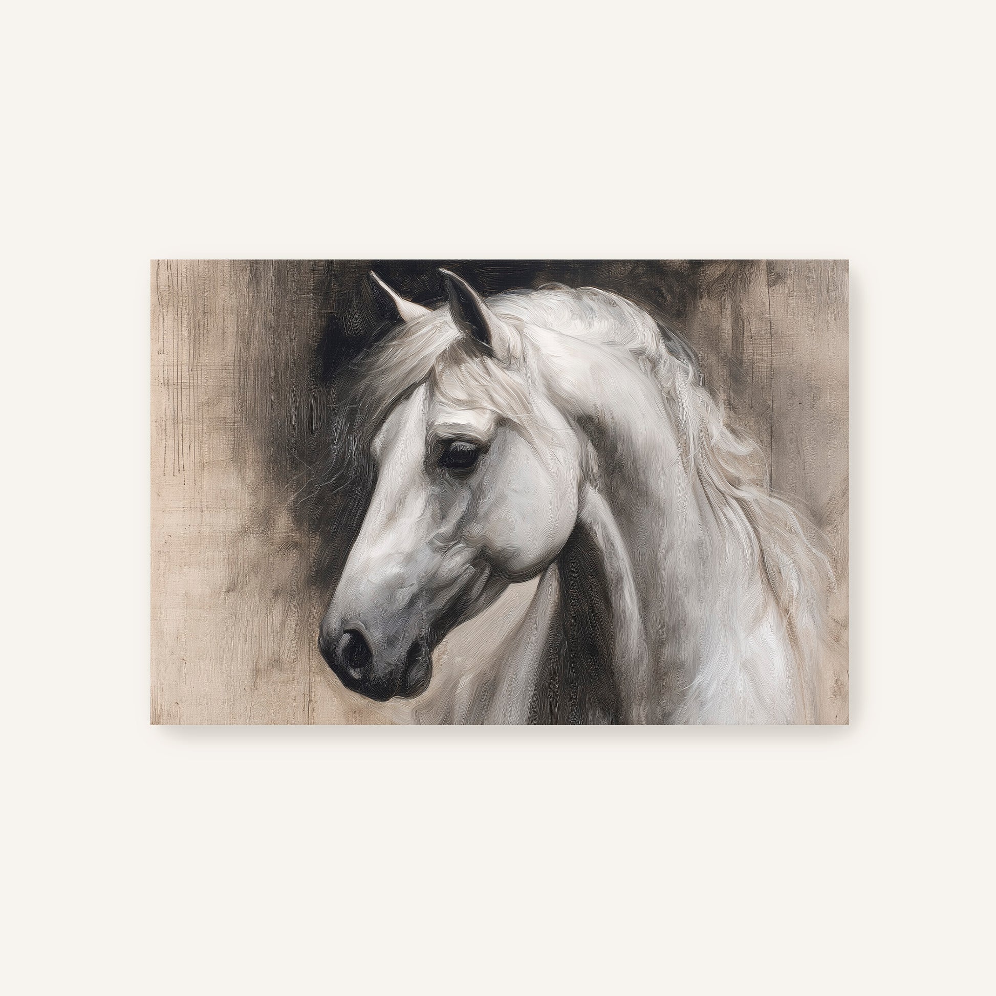 A black and white portrait of a white horse, with its head turned to the side and its eyes gently closed.