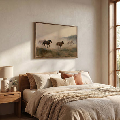 a serene bedroom scene with a large bed, a framed painting of horses running in a field, and a lamp on a side table.