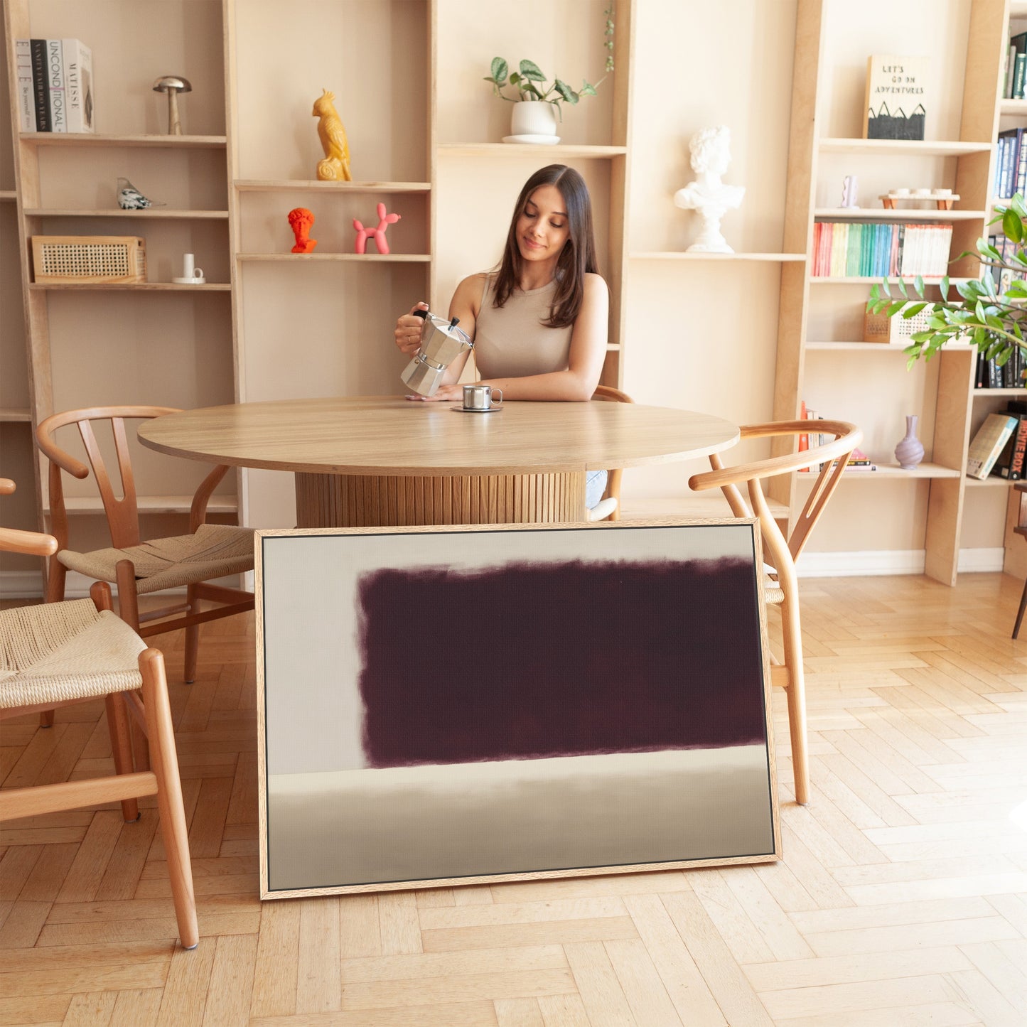 Threshold Canvas Wall Art with deep burgundy and soft ivory abstract design in modern living room setting