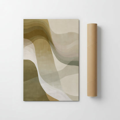 a large abstract painting with a mix of green, brown, and beige colors, creating a visually striking and dynamic composition.