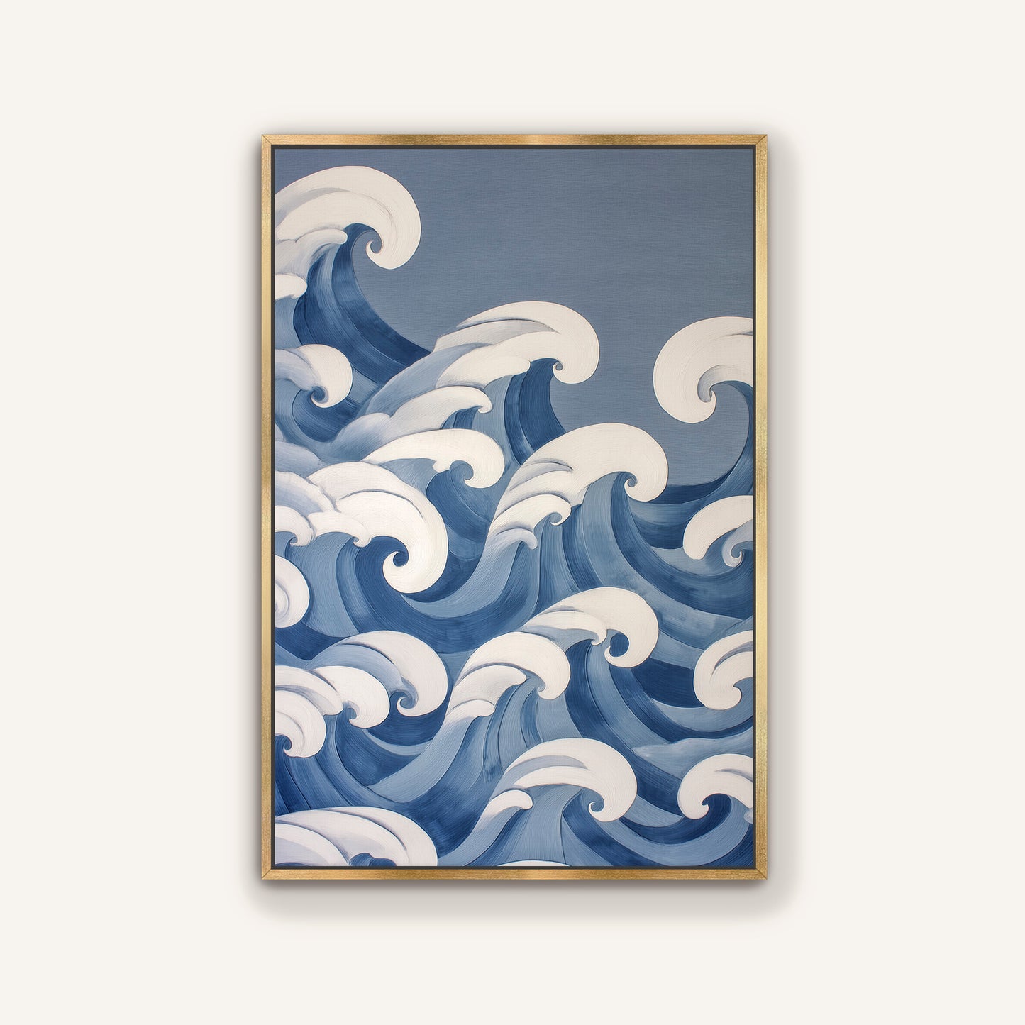 The image is a framed painting depicting a serene ocean scene with large, curling waves in shades of blue and white.