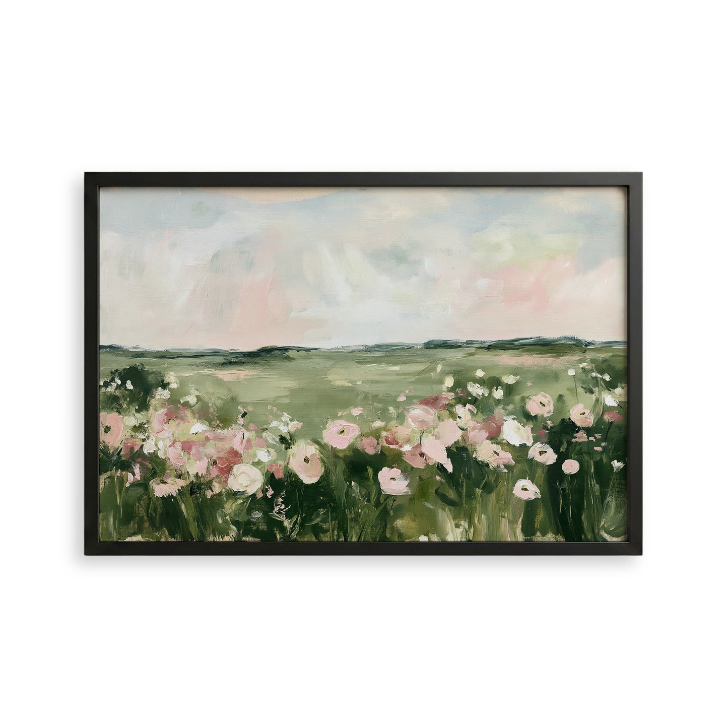 The image is a framed painting depicting a field of flowers with a cloudy sky in the background.