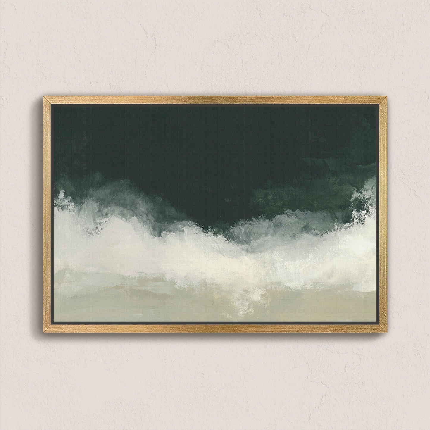 Surge Canvas Wall Art with deep emerald and soft white tones in a natural wood frame, evoking ocean and storm imagery.