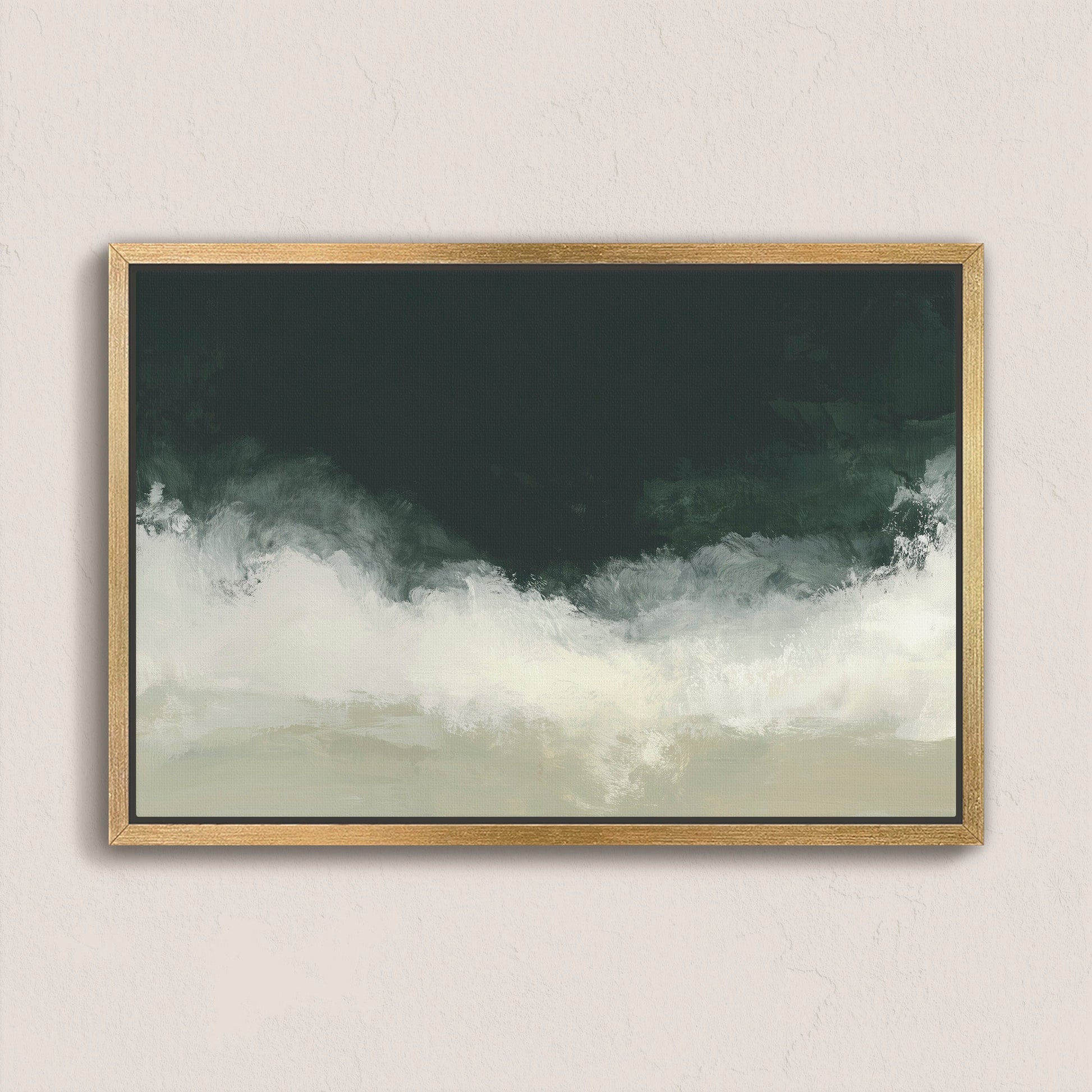 Surge Canvas Wall Art with deep emerald and soft white tones in a natural wood frame, evoking ocean and storm imagery.