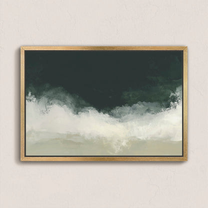 Surge Canvas Wall Art with deep emerald and soft white tones in a natural wood frame, evoking ocean and storm imagery.