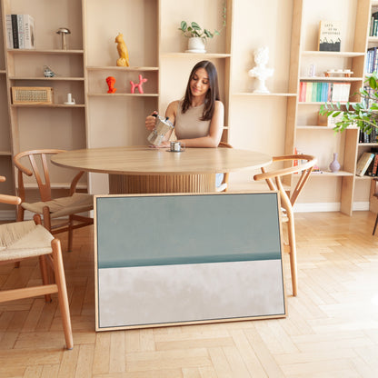 Minimalist Azure Canvas Print with muted sage and sand hues displayed in a modern room