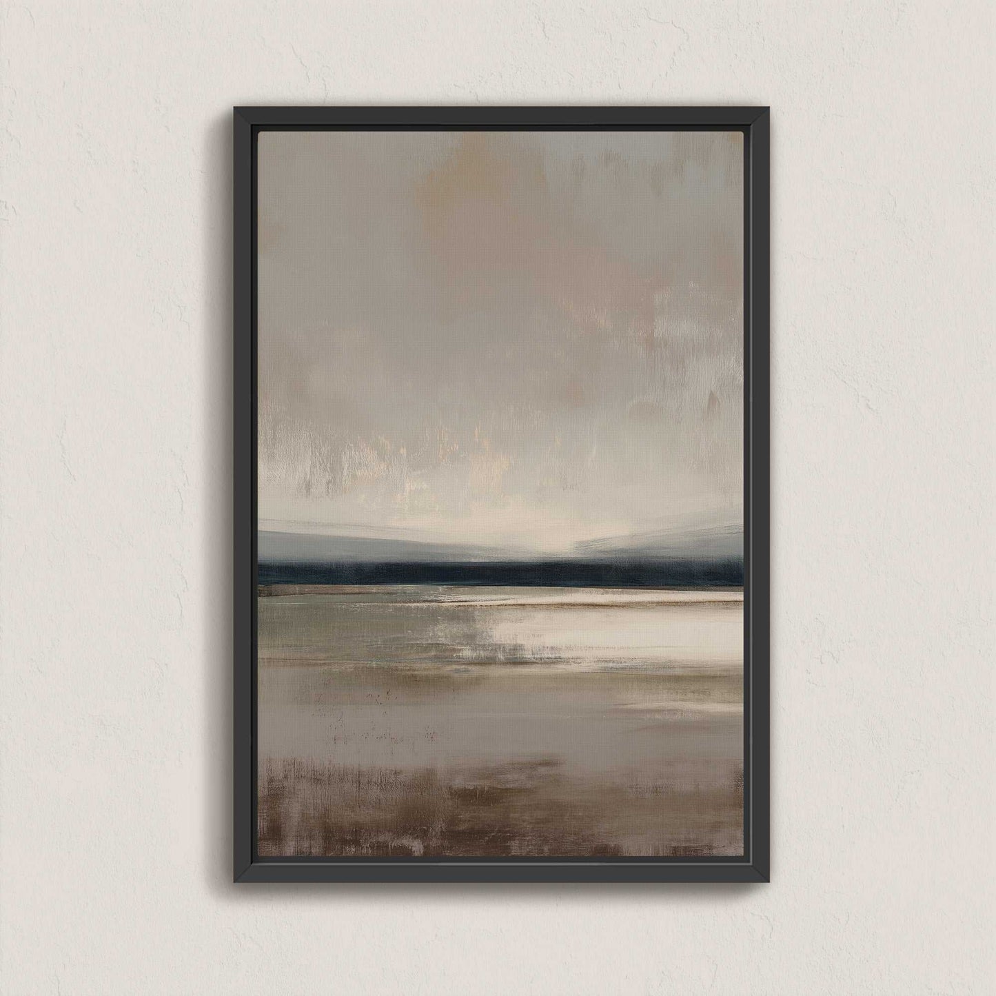 Vast Canvas Art with soft taupe, charcoal, and cream gradients in a black frame, depicting a tranquil horizon.