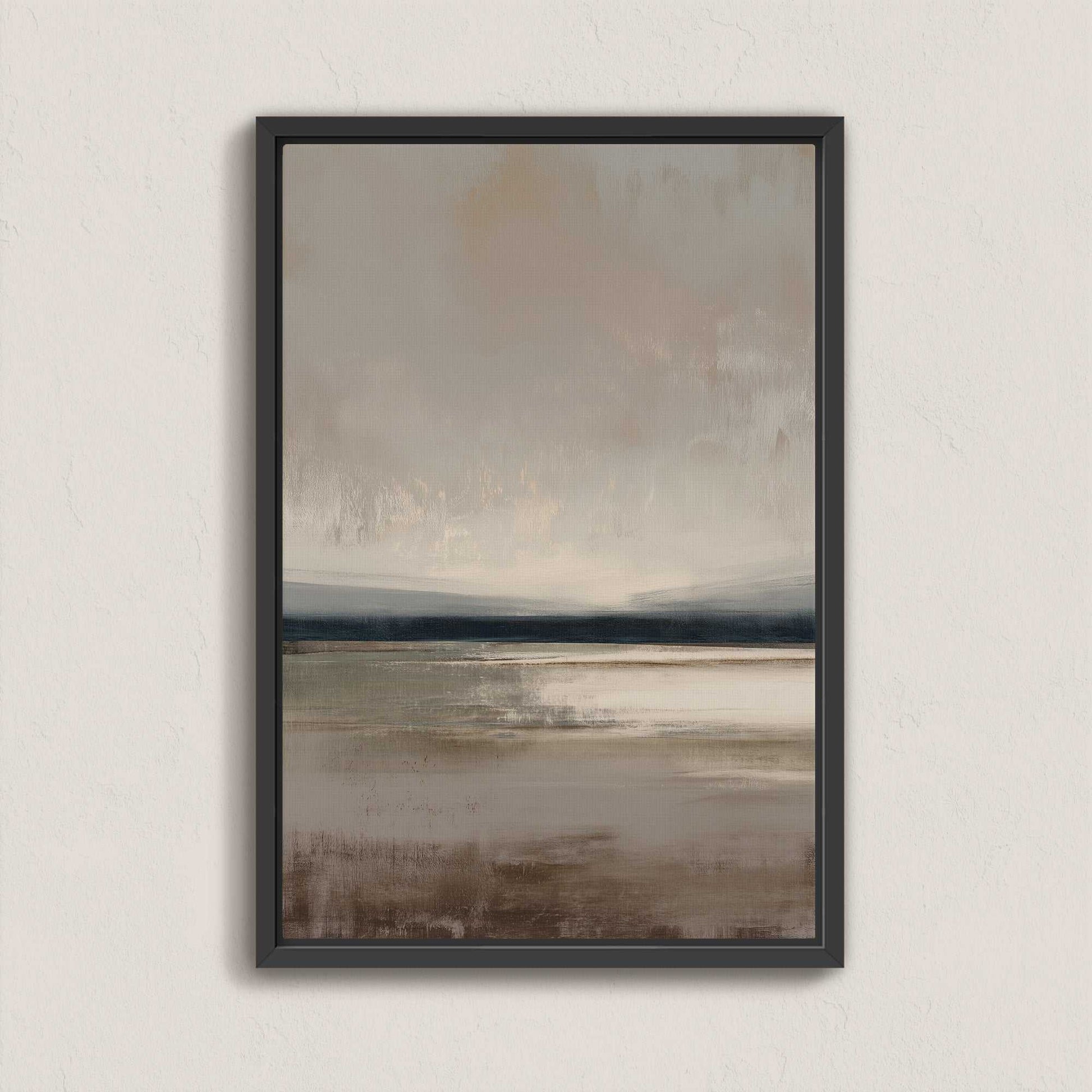 Vast Canvas Art with soft taupe, charcoal, and cream gradients in a black frame, depicting a tranquil horizon.