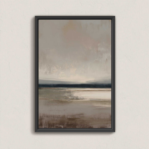 Vast Canvas Art with soft taupe, charcoal, and cream gradients in a black frame, depicting a tranquil horizon.
