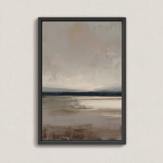 Vast Canvas Art with soft taupe, charcoal, and cream gradients in a black frame, depicting a tranquil horizon.