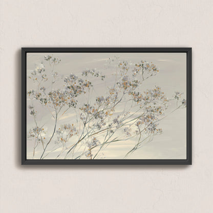 'Breeze' Wall Art canvas featuring delicate wildflowers in muted tones with black frame on neutral wall