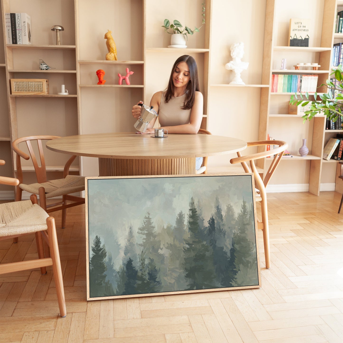 Ever Canvas Wall Art featuring misty forest pine and sage tones in a modern framed gallery wrap design