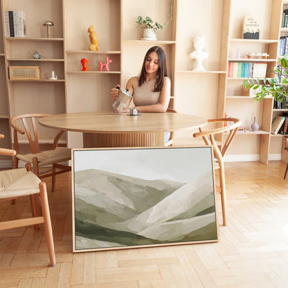 Olive Hills canvas print of layered hills in olive and neutral tones displayed in modern room